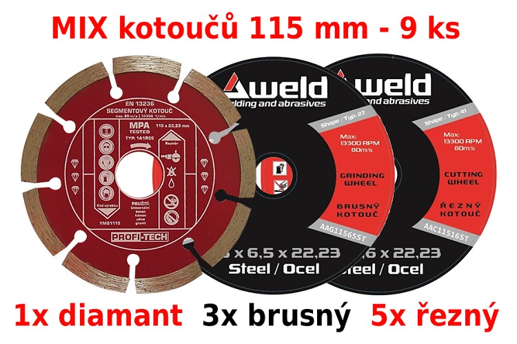 MIX 9 ks kotoučů 115 mm do úhlové brusky