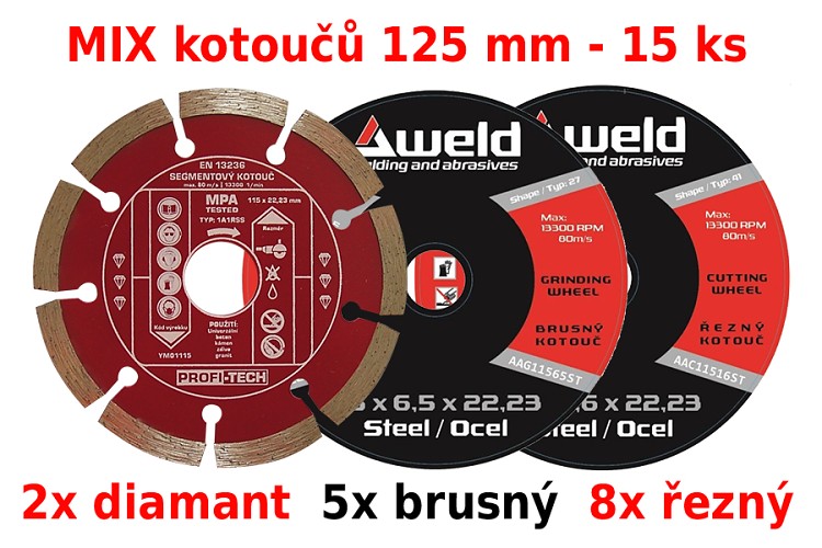 MIX 15 ks kotoučů 125 mm do úhlové brusky